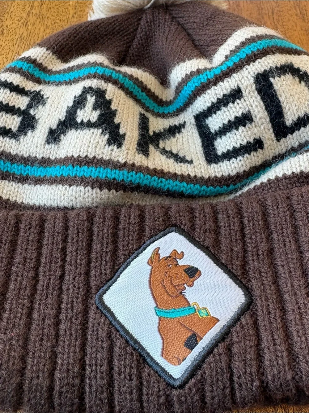 Scooby-Doo “Baked” Pom Patch Knit Beanie with Brown with Teal Accent - One Size